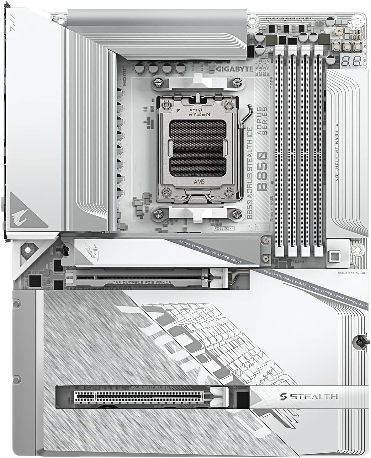 GIGABYTE B850 AORUS STEALTH ICE AM5 ATX Motherboard, AMD B850 Chipset, 4x DDR5 DIMM Slot, Up to 256GB Max Memory, 1 x PCIe 5.0 x16, 4 x M.2 Slots, Wi-Fi 7 & BT 5.4, White - الوحه الام