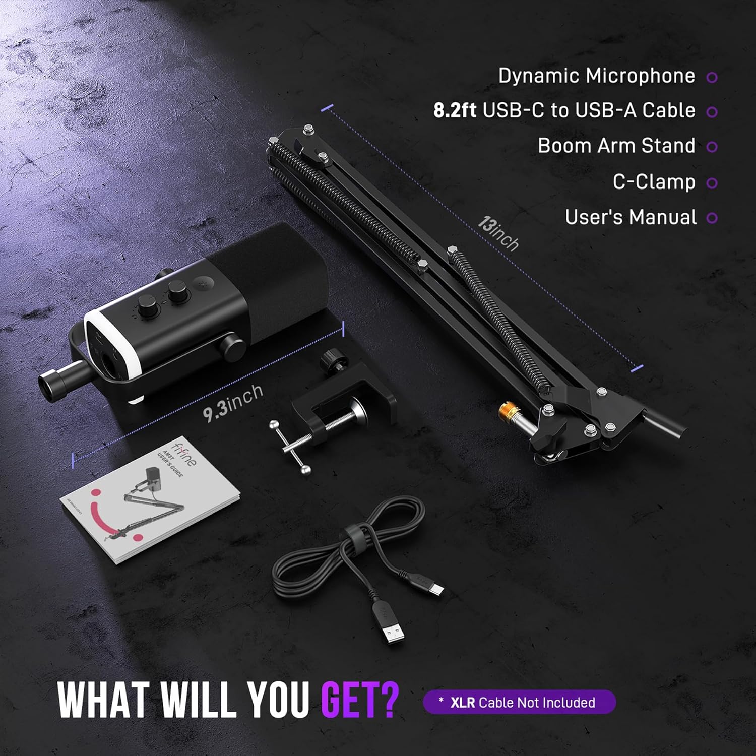 FIFINE XLR/USB Gaming Microphone Set, Dynamic PC Mic for Streaming Podcasting, Computer RGB Mic Kit with Boom Arm Stand, Mute Button, Headphones Jack, for Recording Vocal Voice-Over-AmpliGame AM8T - مايك مع ستاند