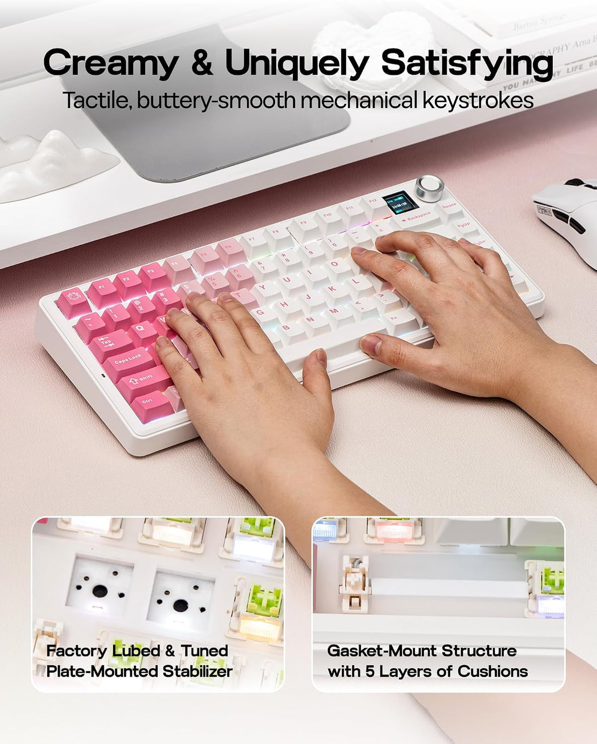 EPOMAKER x AULA F75 MAX Wireless Mechanical Keyboard (White-Pink) – 75% Gasket Mount, Tri-Mode, Hot-Swappable & RGB Knob - كيبورد ميكانيكي مع شاشة