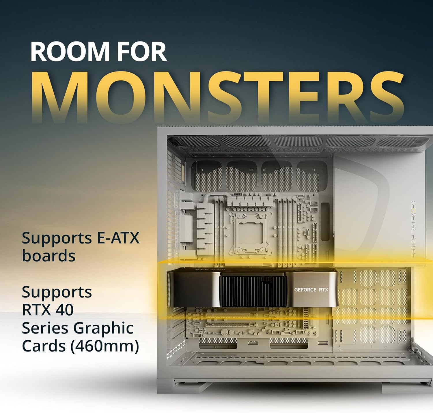 Geometric Future M5 Tempered Glass Mid Tower, E-ATX/ATX Gaming Case, 1.2mm Steel, Type C, Toolless Panels, Support 420/360 Radiator, ARGB PWM 140m Fan x 5 Pre-Installed, White -  كيس أبيض