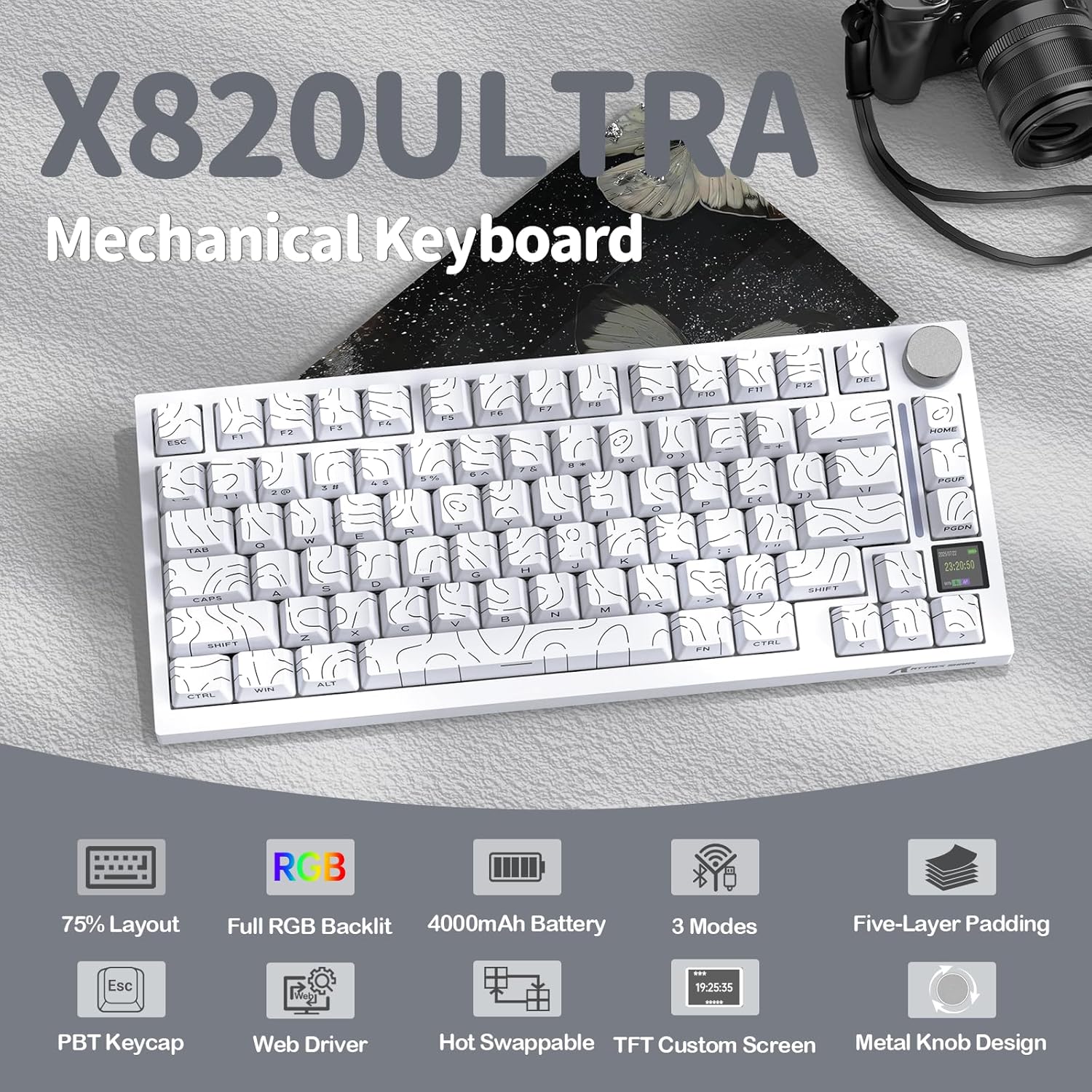 ATTACK SHARK X820Ultra Tri-mode Wireless Gasket Mechanical Keyboard with Smart Display White Contour & Shark Switch - كيبورد ميكانيكي أبيض