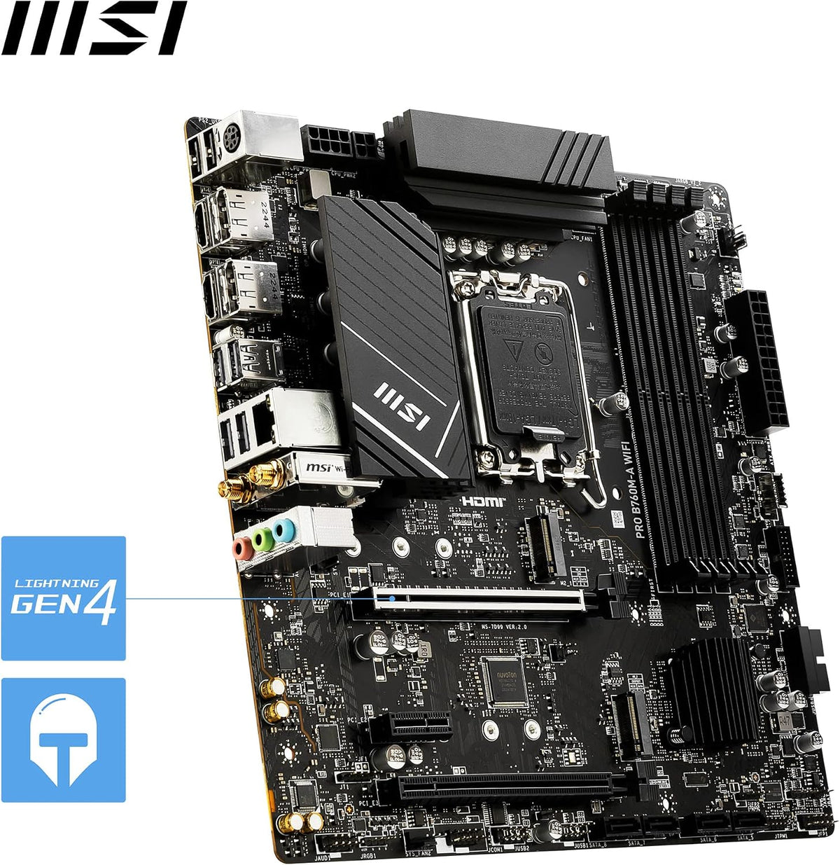 MSI PRO B760M-A WIFI DDR4 LGA 1700 Micro-ATX Motherboard, Dual Gen4 M.2, Wi-Fi 6E, 2.5G LAN & Extended Heatsink - ماذر بورد