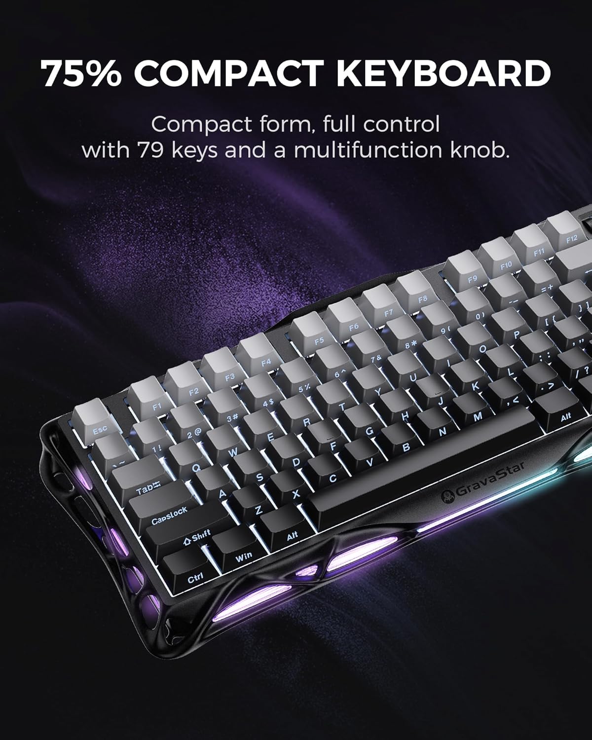 GravaStar Mercury K1 75% Wireless Mechanical Gaming Keyboard, Aluminum Alloy, Gasket Compact Custom Keyboard Hot-Swap Socket, Linear Switches, RGB Backlit - Gradient Black -كيبورد