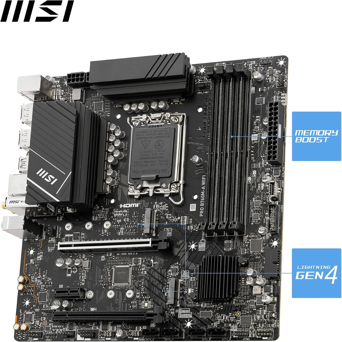 MSI PRO B760M-A WIFI DDR4 LGA 1700 Micro-ATX Motherboard, Dual Gen4 M.2, Wi-Fi 6E, 2.5G LAN & Extended Heatsink - ماذر بورد