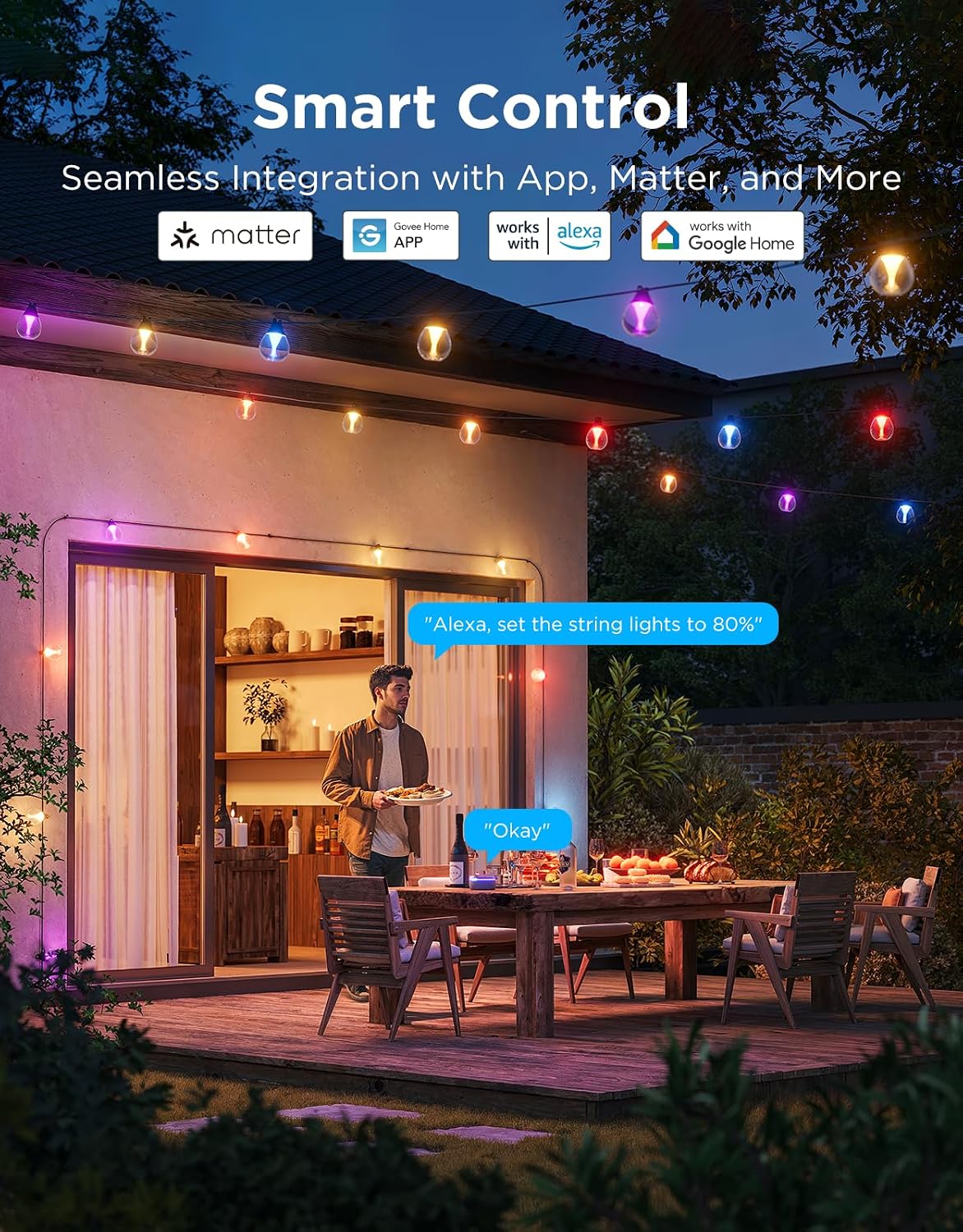 Govee Clear Bulb Outdoor Smart String Lights 48ft – RGBWIC Teardrop Patio Lights (IP67 Waterproof, 1200 Lumens, Matter Compatible) - مصباح أر جي بي