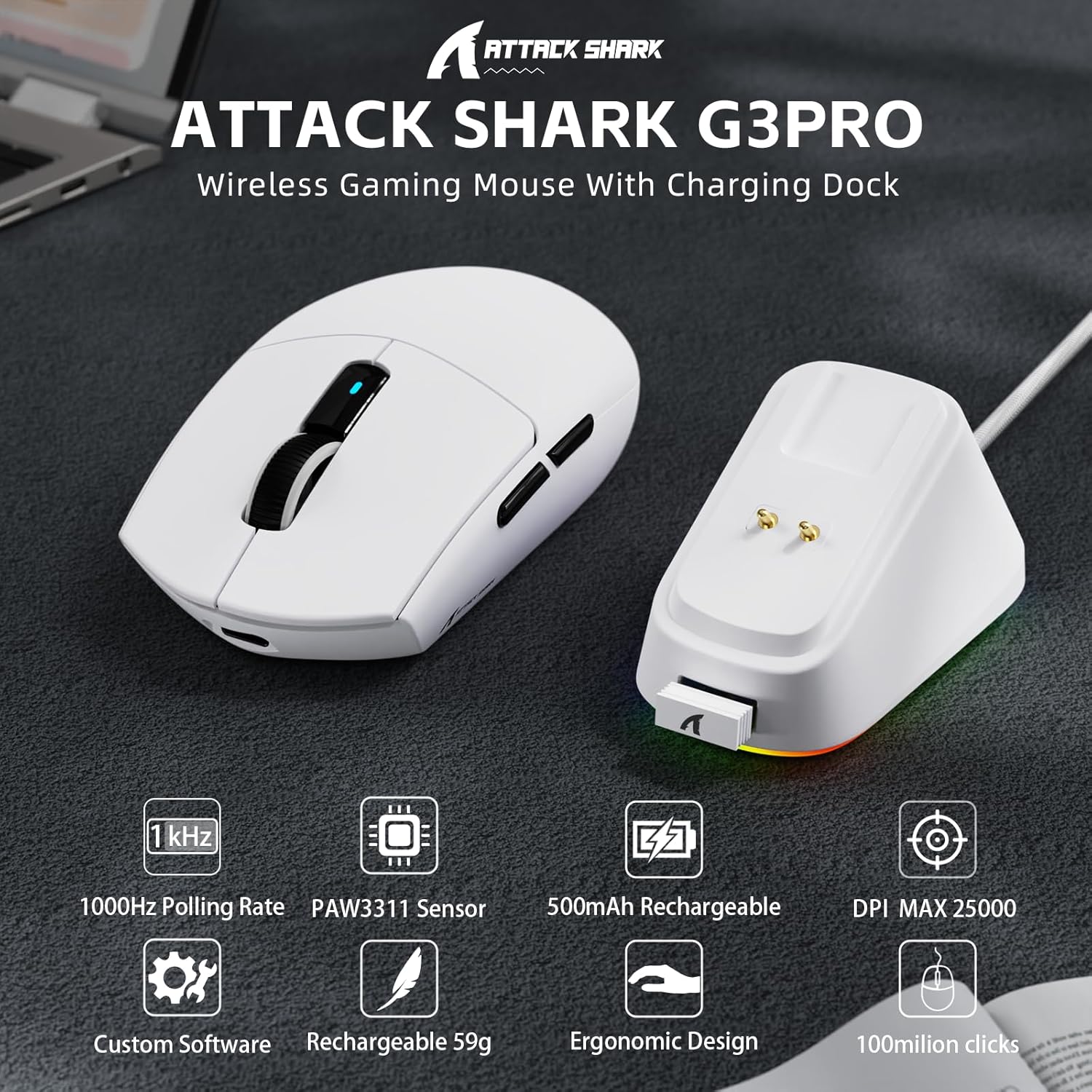 ATTACK SHARK G3PRO Tri-mode Wireless Gaming Mouse with RGB charge Dock White - موس قيمنق