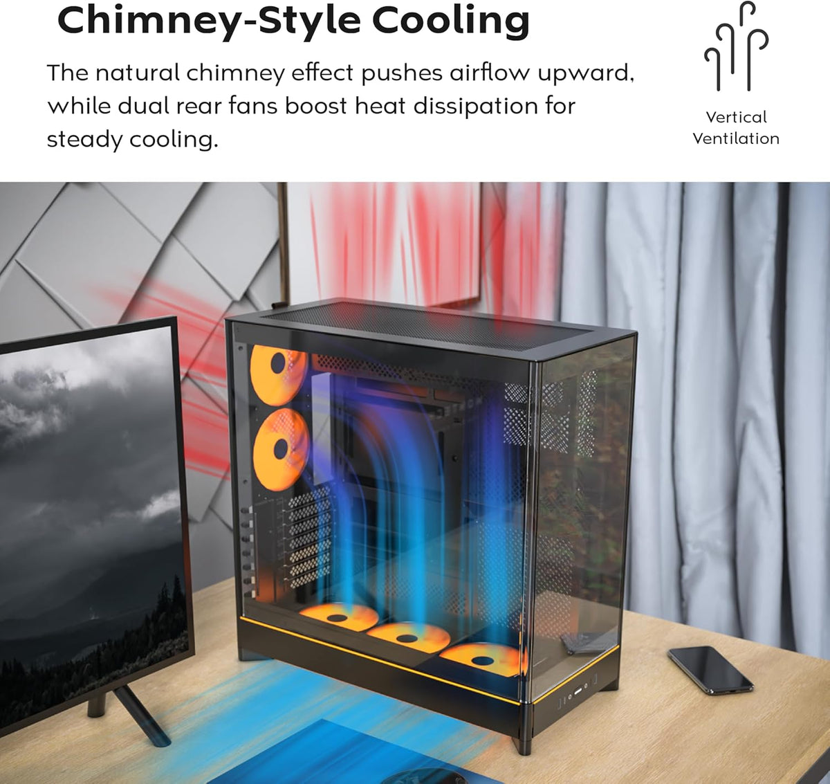 MONTECH HS02 PRO Black Dual-Chamber ATX Mid-Tower Case (5x ARGB PWM Fans) - كيس
