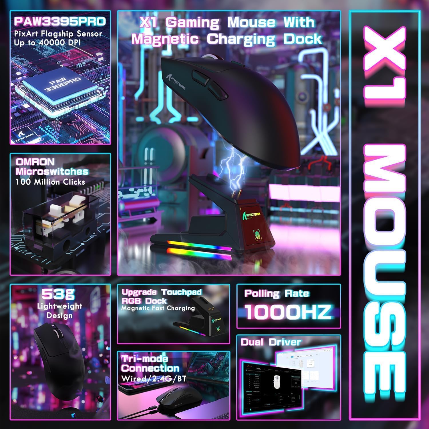 ATTACK SHARK X1 Tri-mode Gaming Mouse With Touchpad RGB Charging Dock Black - ماوس ممتاز مع شاحن بالبصمة