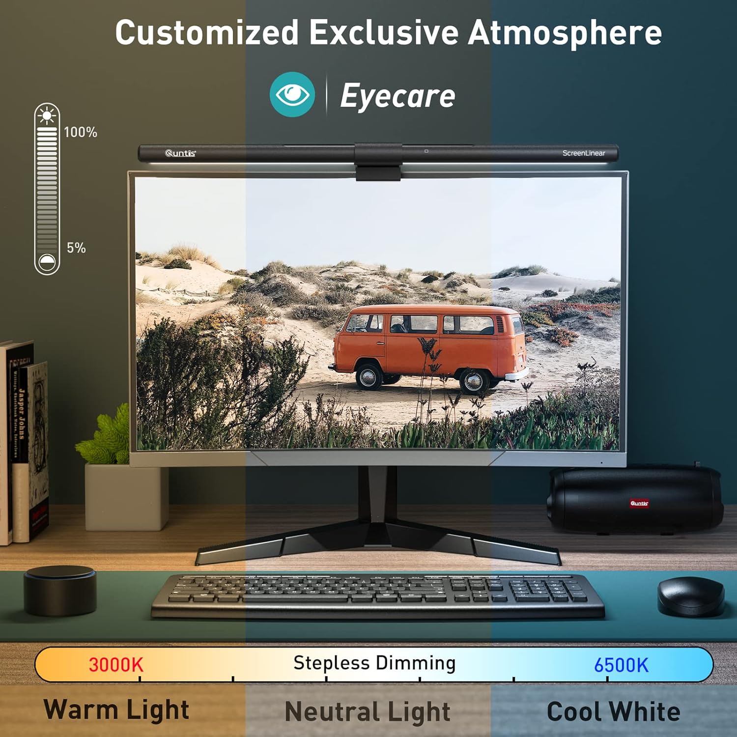 Quntis Monitor Light Bar PRO+ Wireless Remote, Fit for Curved/Flat Monitor, Eye Protection Black - شريط إضائة للشاشة