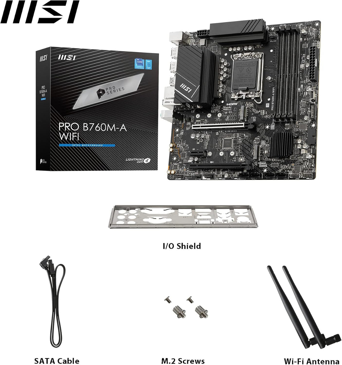 MSI PRO B760M-A WIFI DDR4 LGA 1700 Micro-ATX Motherboard, Dual Gen4 M.2, Wi-Fi 6E, 2.5G LAN & Extended Heatsink - ماذر بورد