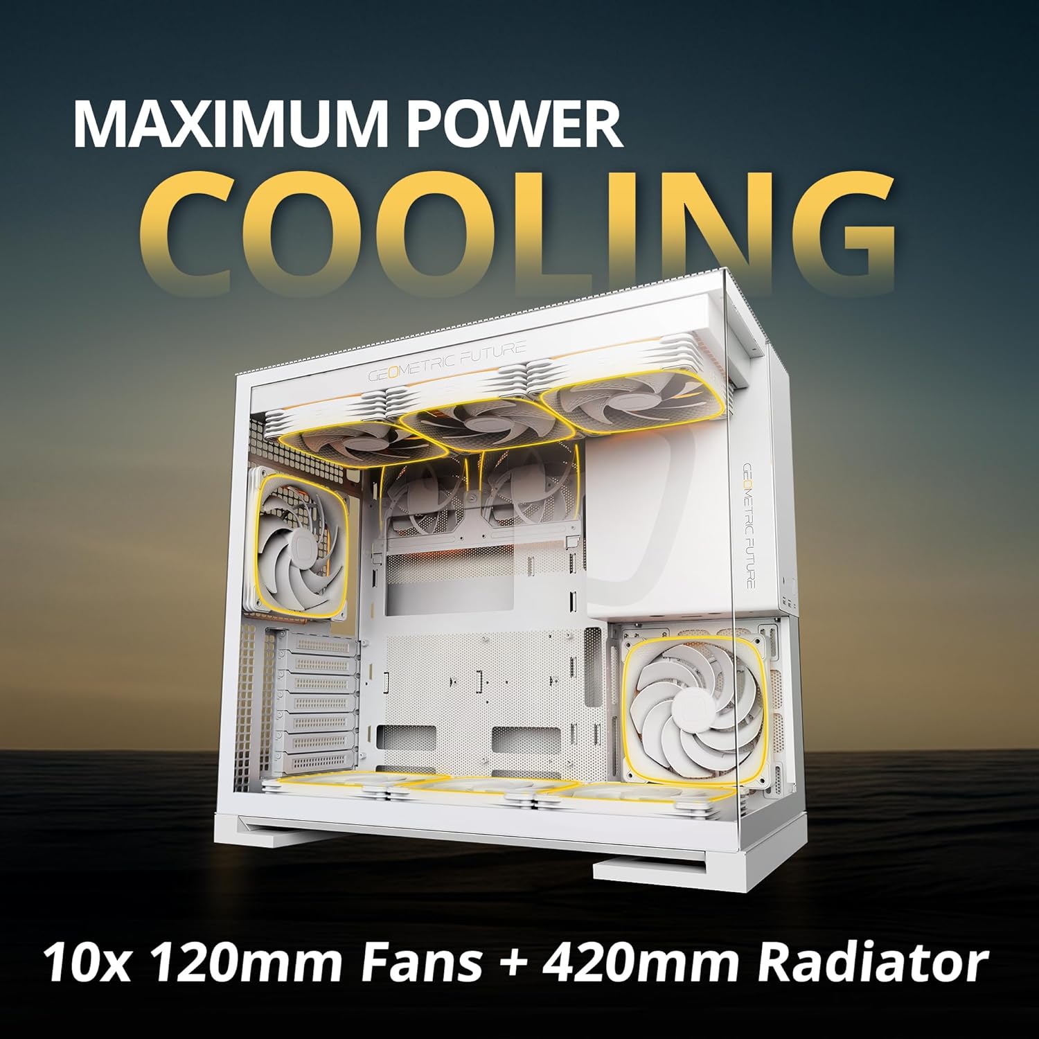 Geometric Future M5 Tempered Glass Mid Tower, E-ATX/ATX Gaming Case, 1.2mm Steel, Type C, Toolless Panels, Support 420/360 Radiator, ARGB PWM 140m Fan x 5 Pre-Installed, White -  كيس أبيض
