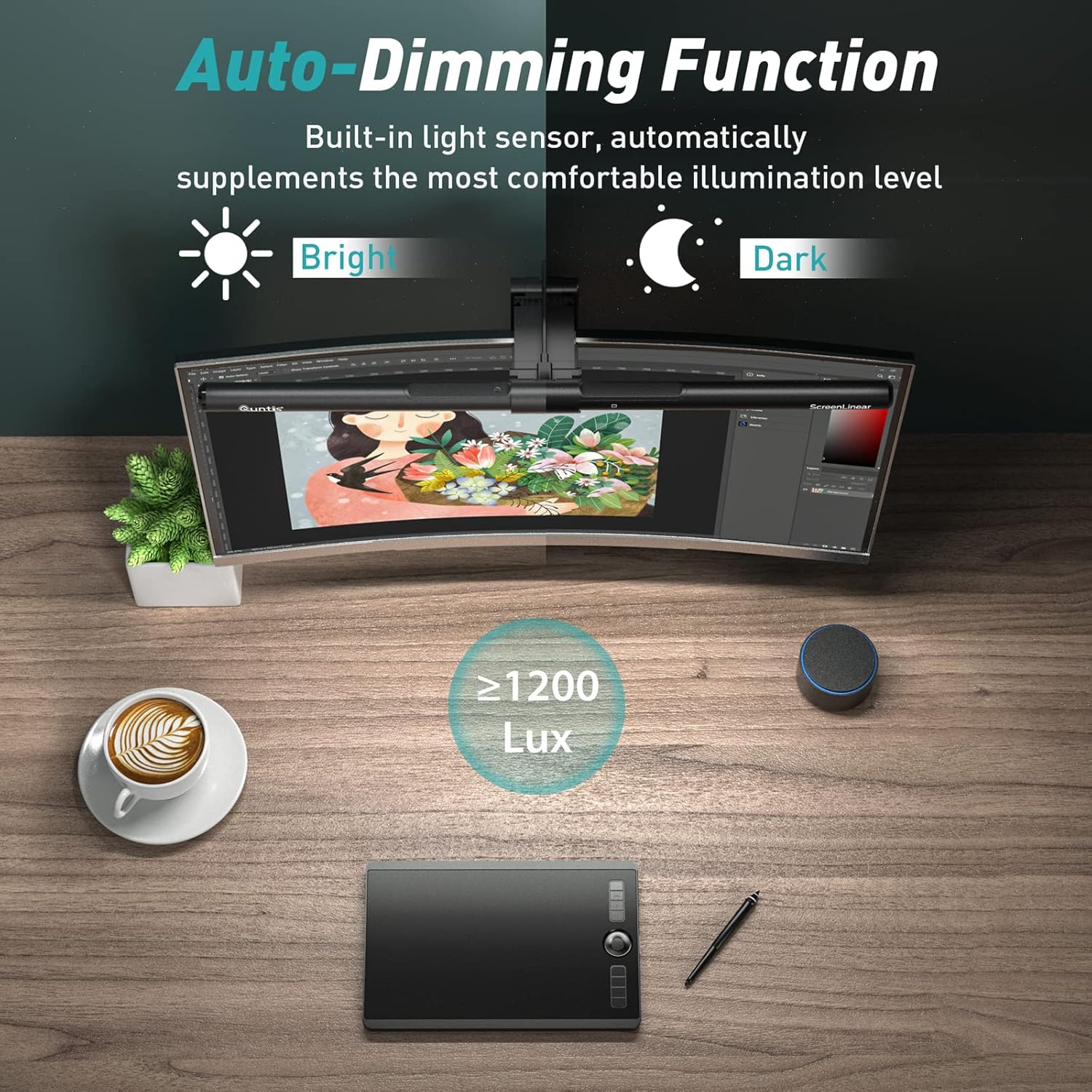 Quntis Monitor Light Bar PRO+ Wireless Remote, Fit for Curved/Flat Monitor, Eye Protection Black - شريط إضائة للشاشة