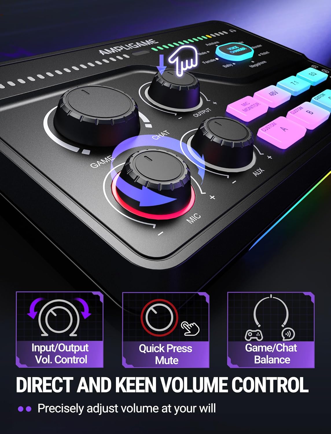 FIFINE AmpliGame SC8 Gaming Audio Mixer with RGB for PC and PS4, Black - مكسر صوت