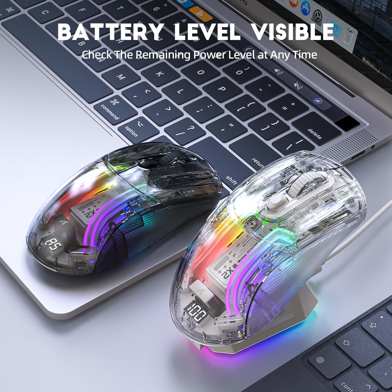 ATTACK SHARK X2 Pro Wireless Gaming Mouse with RGB Charging Dock,Tri-Mode PC Gaming Mice 2.4G/Bluetooth/Wired,Noiseless Mouse RGB Backlit,Transparent Shell,PixArt 3212 4000 DPI,for Win/MAC,White - ماوس قيمنق لاسلكي