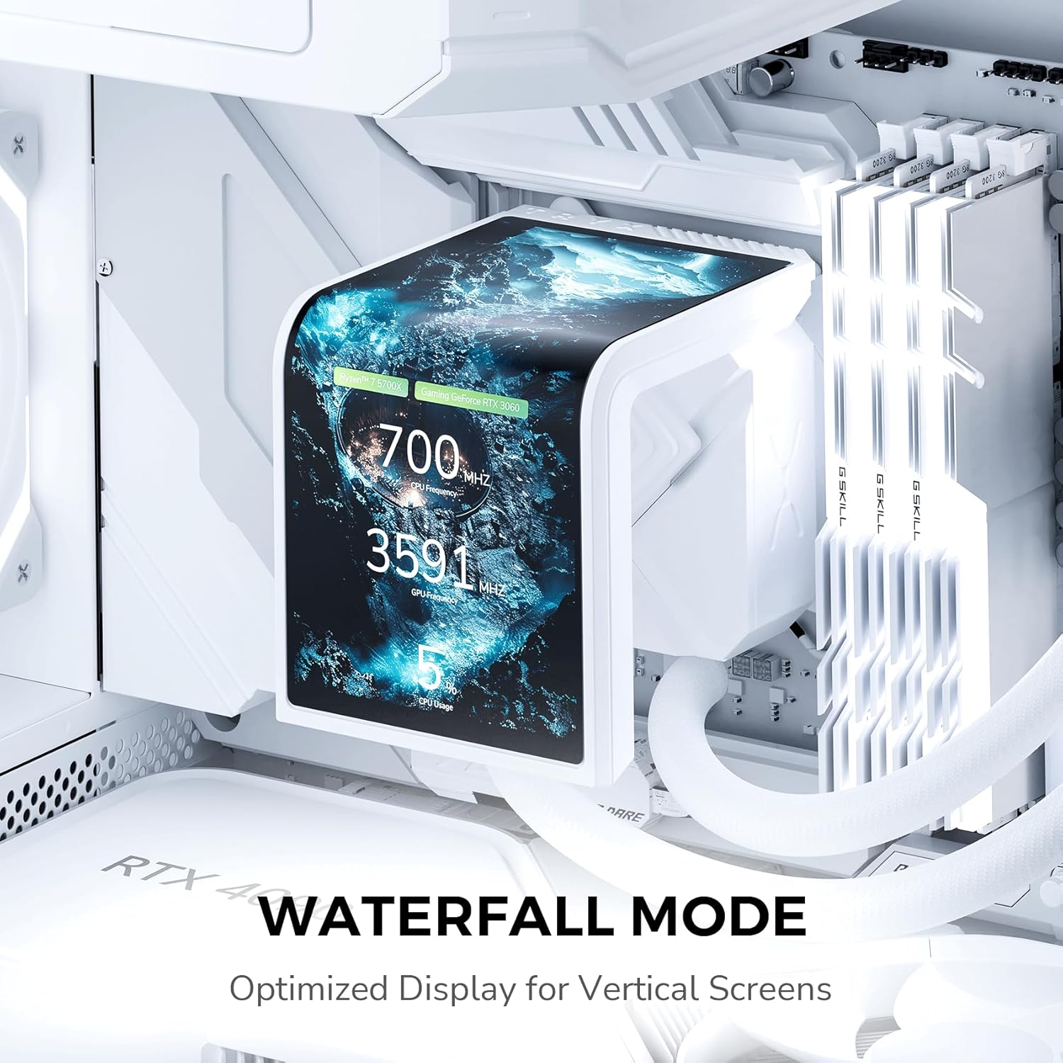 TRYX Panorama SE 360 ARGB 360mm AIO Rotatable 6.67'' AMOLED Curved Screen 3D Anamorphic Effect Customizable AIO Cooler 360mm Asetek Adela Pump 280w TDP ARGB Fan Intel LGA 1851/1700 AMD AM5/AM4 -WHITE - - مبرد مائي مع شاشه أبيض