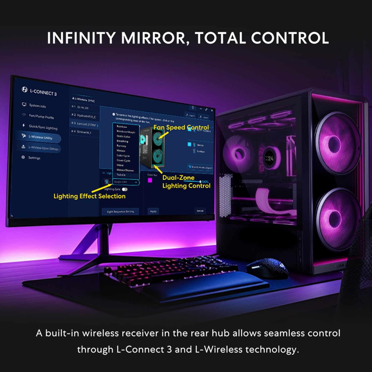 Lian Li LANCOOL 217 INF Infinity Mirror Computer Case, Mid-Tower ATX PC Case with Pre-Installed Fans, Black - كيس اسود