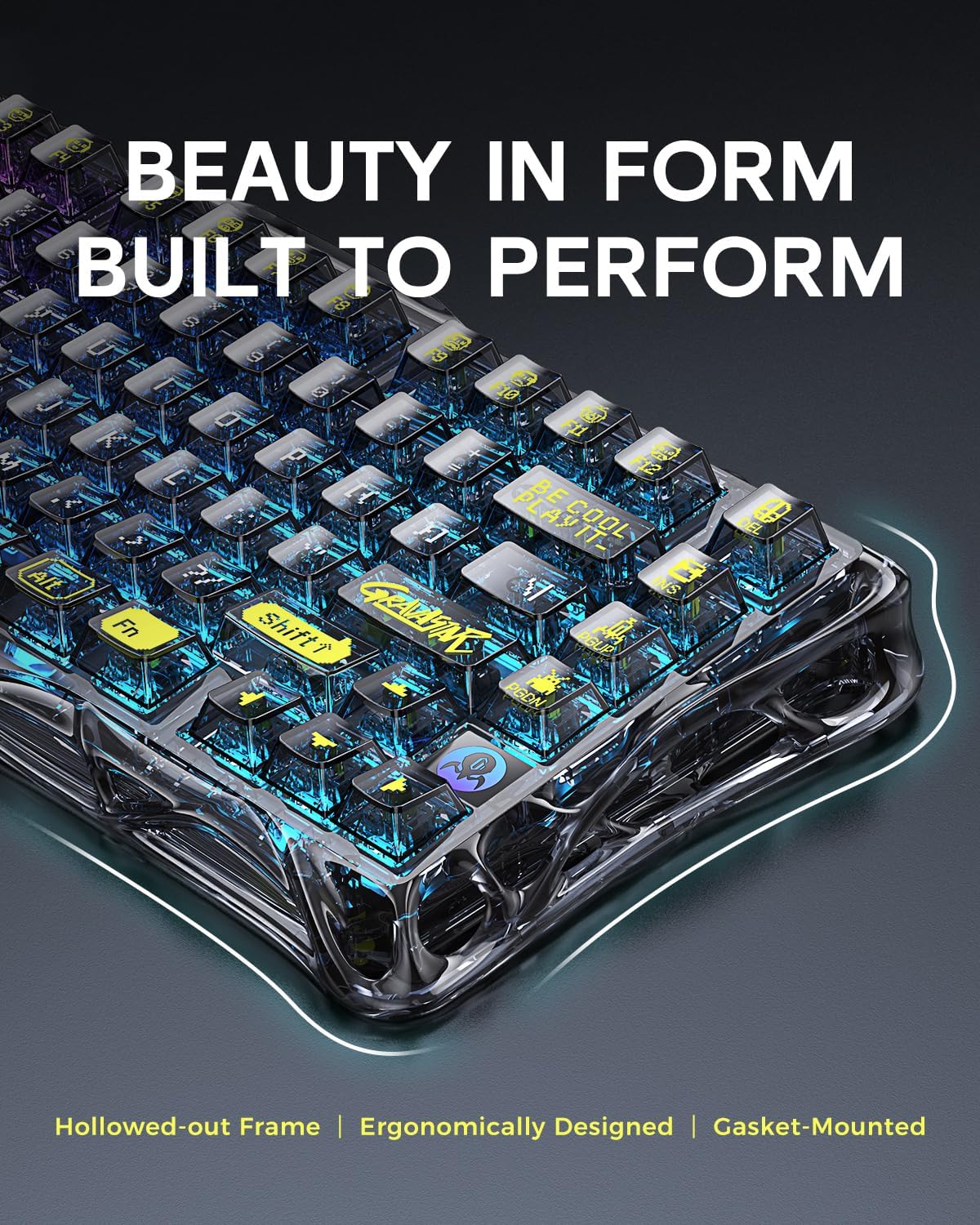 GravaStar Mercury K1 Lite 75% Gaming Keyboard, 2.4GHz/BT/Wired Tri-Mode Wireless Keyboard, Gasket Hot Swappable Mechanical Keyboard, Pre-lubed Linear Switches, RGB Backlit (Transparent Black)-كيبورد وايرليس