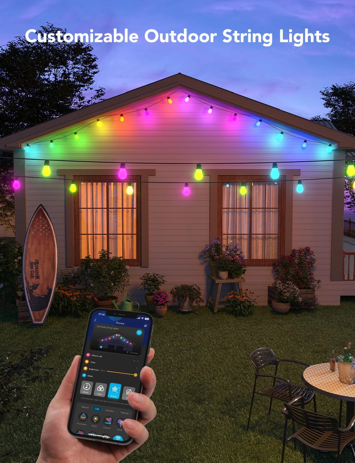 Govee Smart Outdoor RGBIC S14 String Lights 48ft/15M  – Wi-Fi & Bluetooth Patio Lights (IP65 Waterproof, 47 Scene Modes) - مصابيح أر جي بي