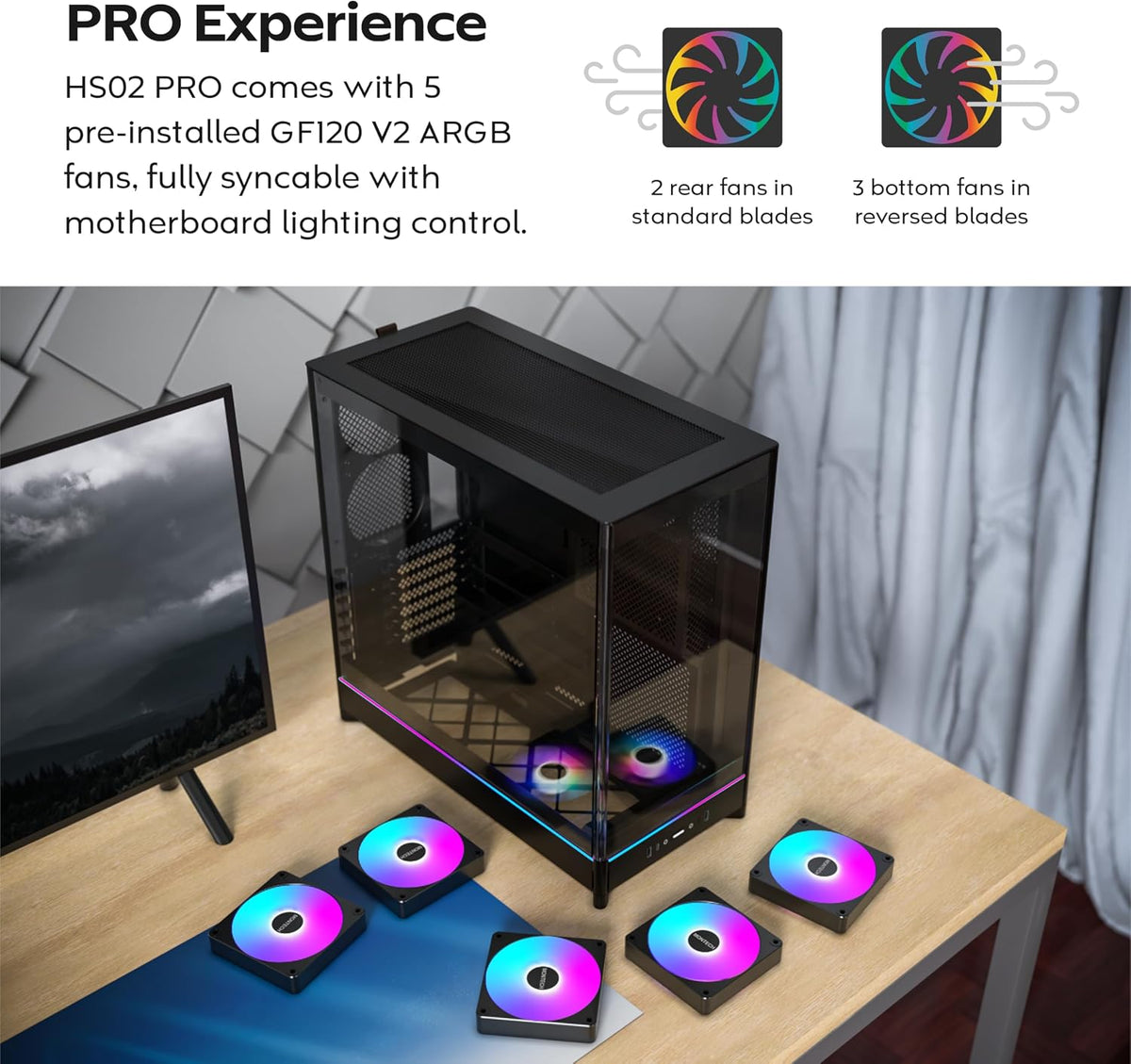 MONTECH HS02 PRO Black Dual-Chamber ATX Mid-Tower Case (5x ARGB PWM Fans) - كيس