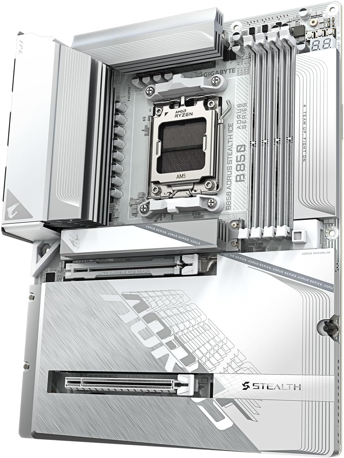 GIGABYTE B850 AORUS STEALTH ICE AM5 ATX Motherboard, AMD B850 Chipset, 4x DDR5 DIMM Slot, Up to 256GB Max Memory, 1 x PCIe 5.0 x16, 4 x M.2 Slots, Wi-Fi 7 & BT 5.4, White - الوحه الام