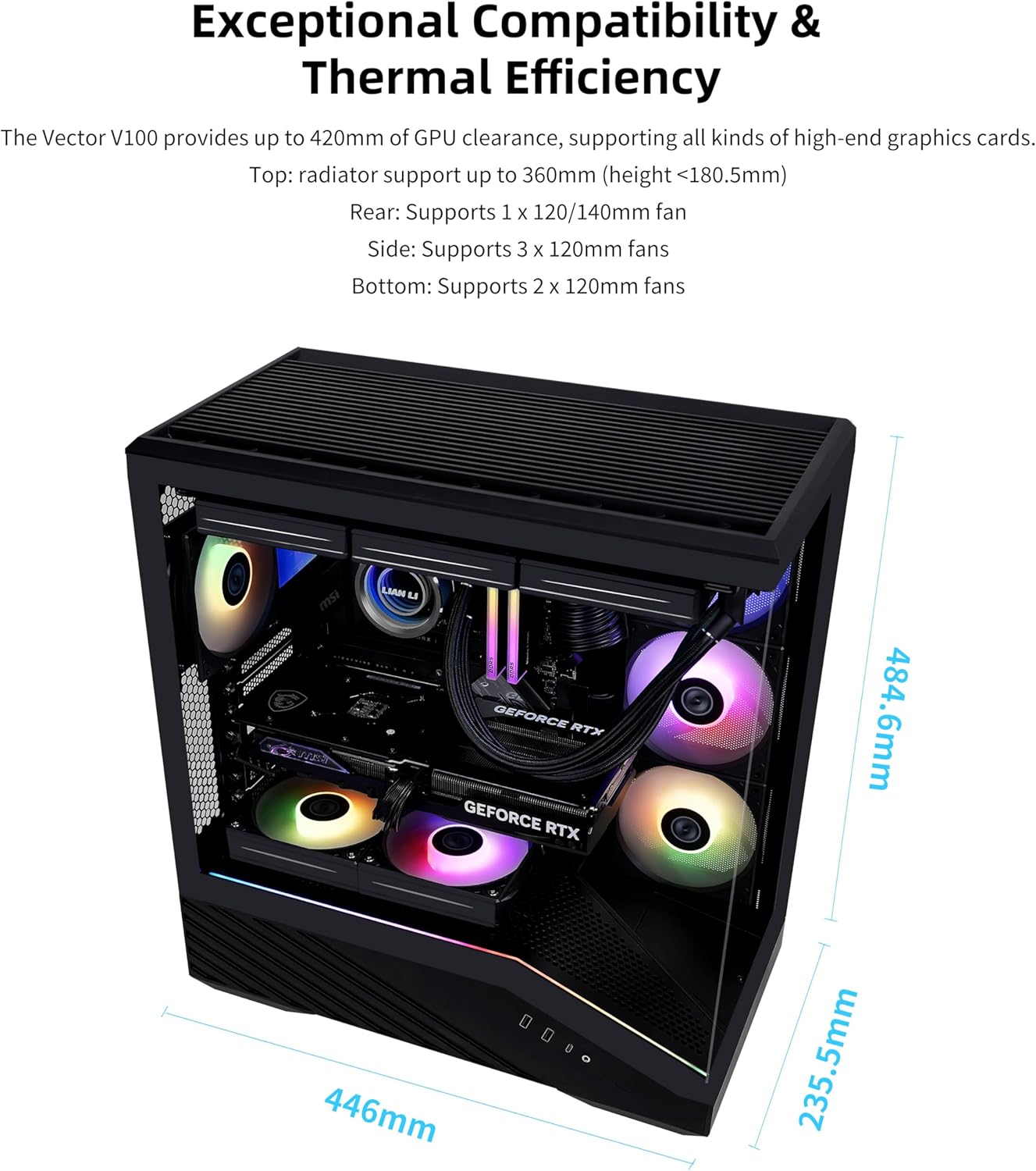 Lian Li V100 Case Pre Installed LED RGB Strip, Display Platform with Tempered Glass Four 120mm Black -  كيس أسود