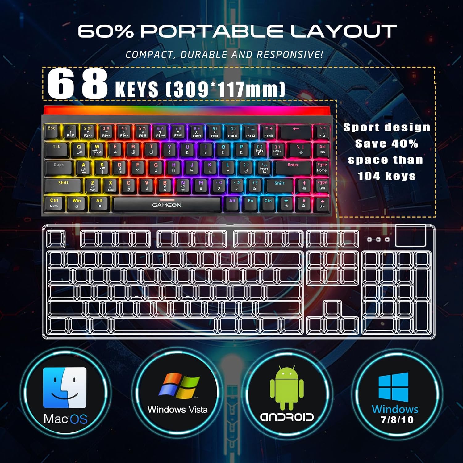 GAMEON PRIMEX Series GO-MK260-RS 60% RGB Mechanical Wired Gaming Keyboard with Customization Software, Red Switch - English & Arabic - كيبورد عربي
