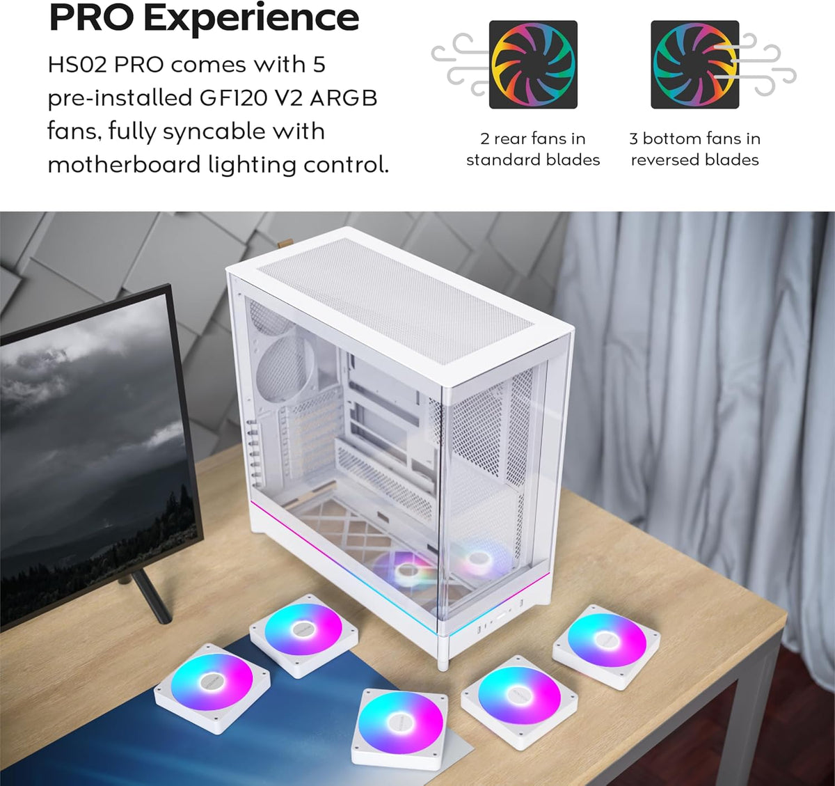 MONTECH HS02 PRO White Dual-Chamber ATX PC Case (5x ARGB PWM Fans) - كيس