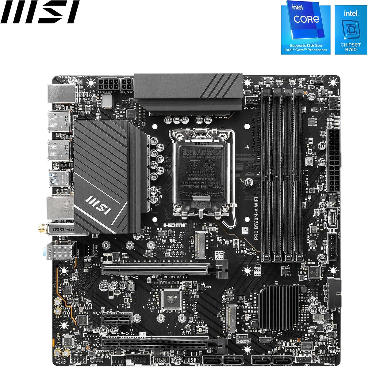 MSI PRO B760M-A WIFI DDR4 LGA 1700 Micro-ATX Motherboard, Dual Gen4 M.2, Wi-Fi 6E, 2.5G LAN & Extended Heatsink - ماذر بورد
