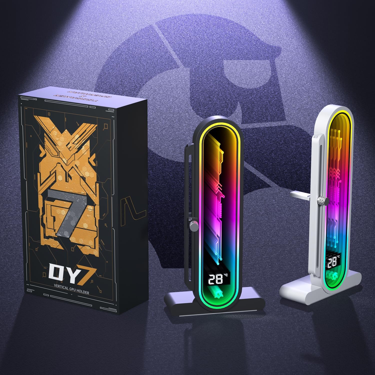 TGDGAMER x GPERHUAN DY7-White ARGB Vertical GPU Holder with Temperature Display, white - حامل كرت شاشة