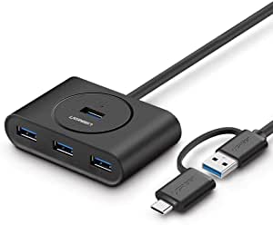 Ugreen 40850 USB 3.0 Hub With USB-C Port, 1m Cable Length, LED Indicator, Compatible with Windows 10/8/8.1/7/ Vista / XP and Mac OS X, Linux, Black - موزع منافذ