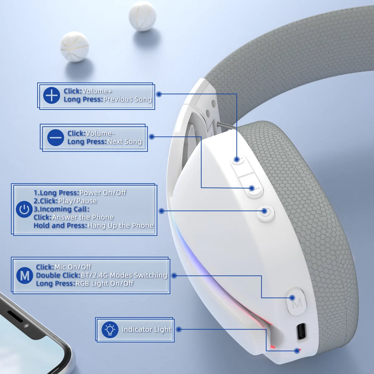 ATTACK SHARK L90 Foldable RGB Ultra-Light Wireless Headset, RGB, Foldable, Triple Mode 2.4Ghz/Bluetooth/Wired Gaming Headphone with mic, 40mm Driver, 7.1 Surround Sound, for Xbox/PS4/PS5/PC Customize via Software - White - سماعة قيمنق وايرليس