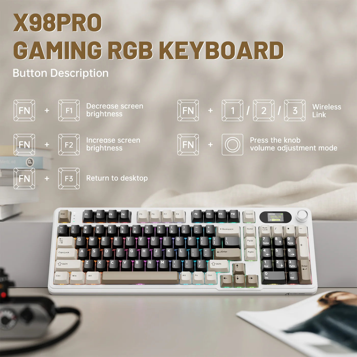 ATTACK SHARK X98PRO Wireless, Tri-Mode Gaming Mechanical Keyboard Cheese White - كيبورد ميكانيكي أبيض