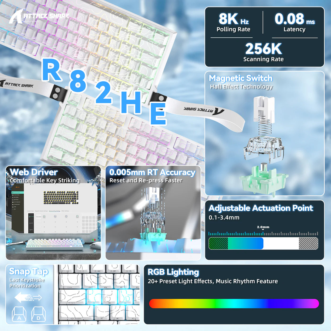 ATTACK SHARK R82 HE Rapid Trigger Keyboard Magnetic Switch with 0.005MM RT White Contours - كيبورد مغناطيسي أبيض