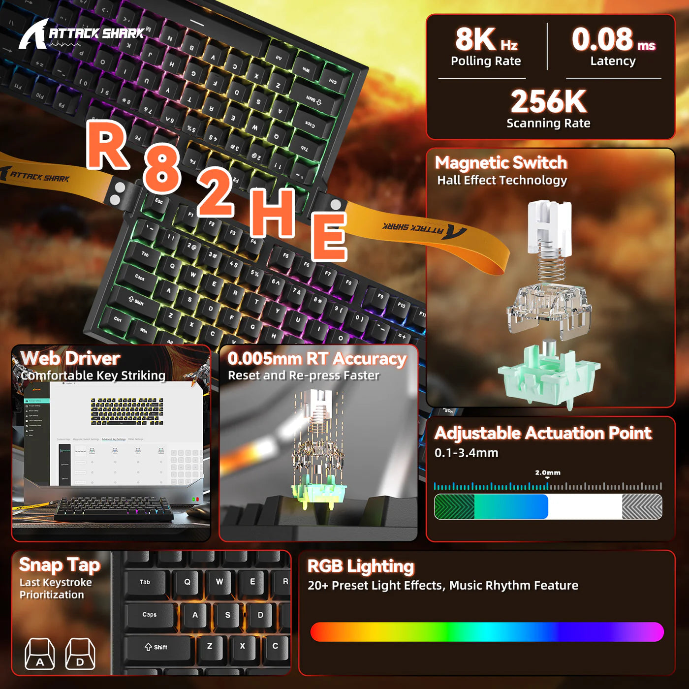 ATTACK SHARK R82 HE Rapid Trigger Keyboard Magnetic Switch with 0.005MM RT Black - كيبورد مغناطيسي أسود