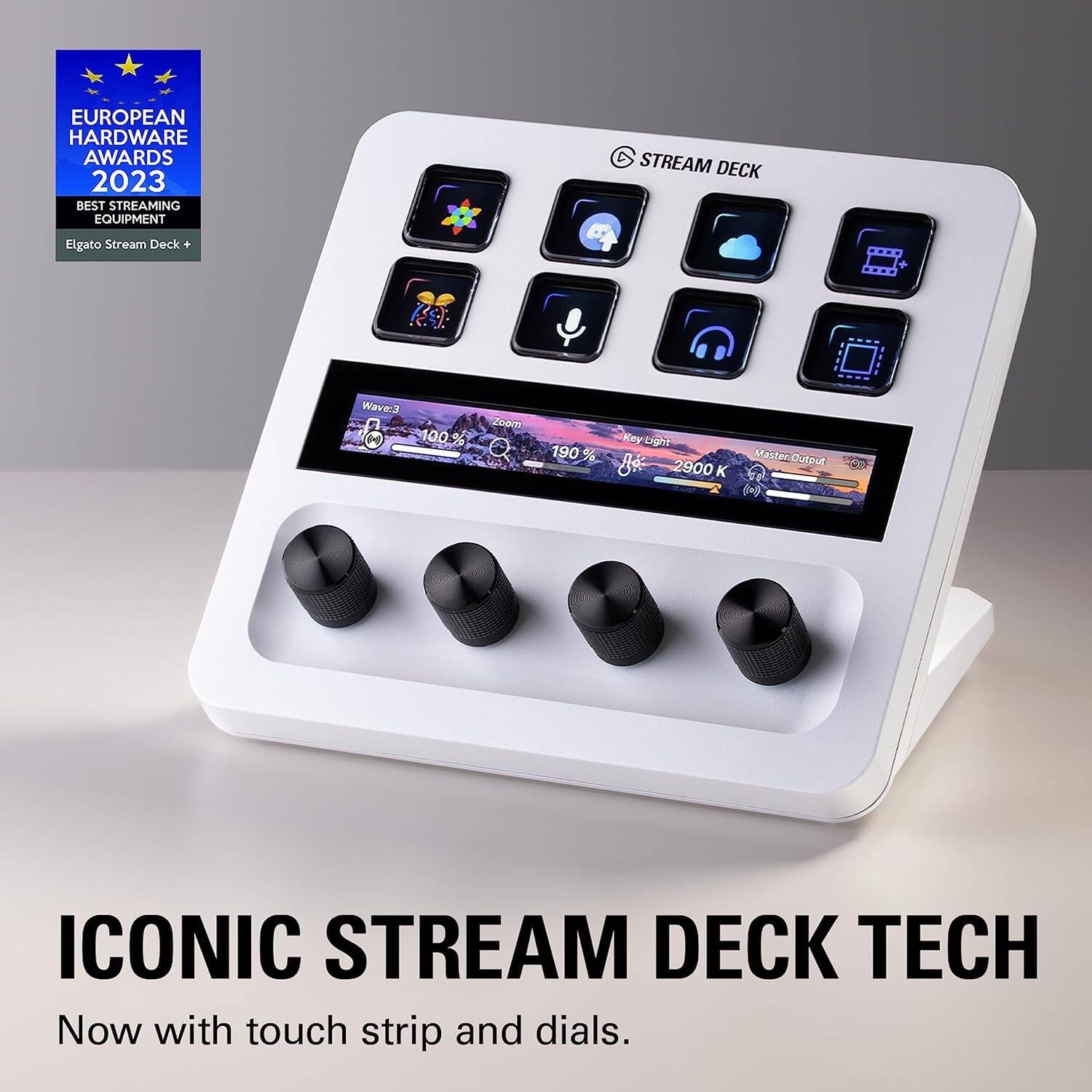 Elgato Stream Deck +, Audio Mixer, Production Console and Studio Controller for Content Creators, Streaming, Gaming, with customizable touch strip dials and LCD keys, works with Mac and PC - WHITE - مكسر صوت معه ستريم