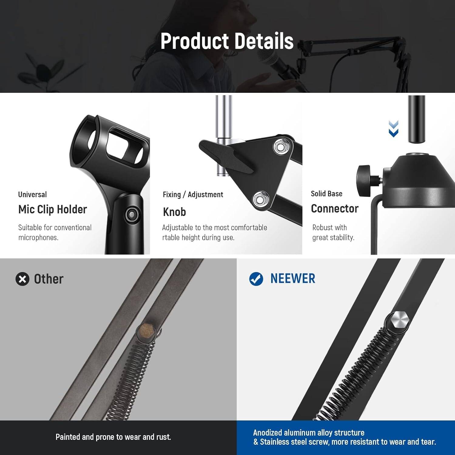 Neewer Microphone Arm Stand, Suspension Boom Scissor Microphone Arm Stand with 3/8 Inch to 5/8 Inch Screw and Cable Ties, Compatible with Blue Yeti Snowball Yeti X Quadcast etc. Max. Load 1.5 kg - ستاند للمايك