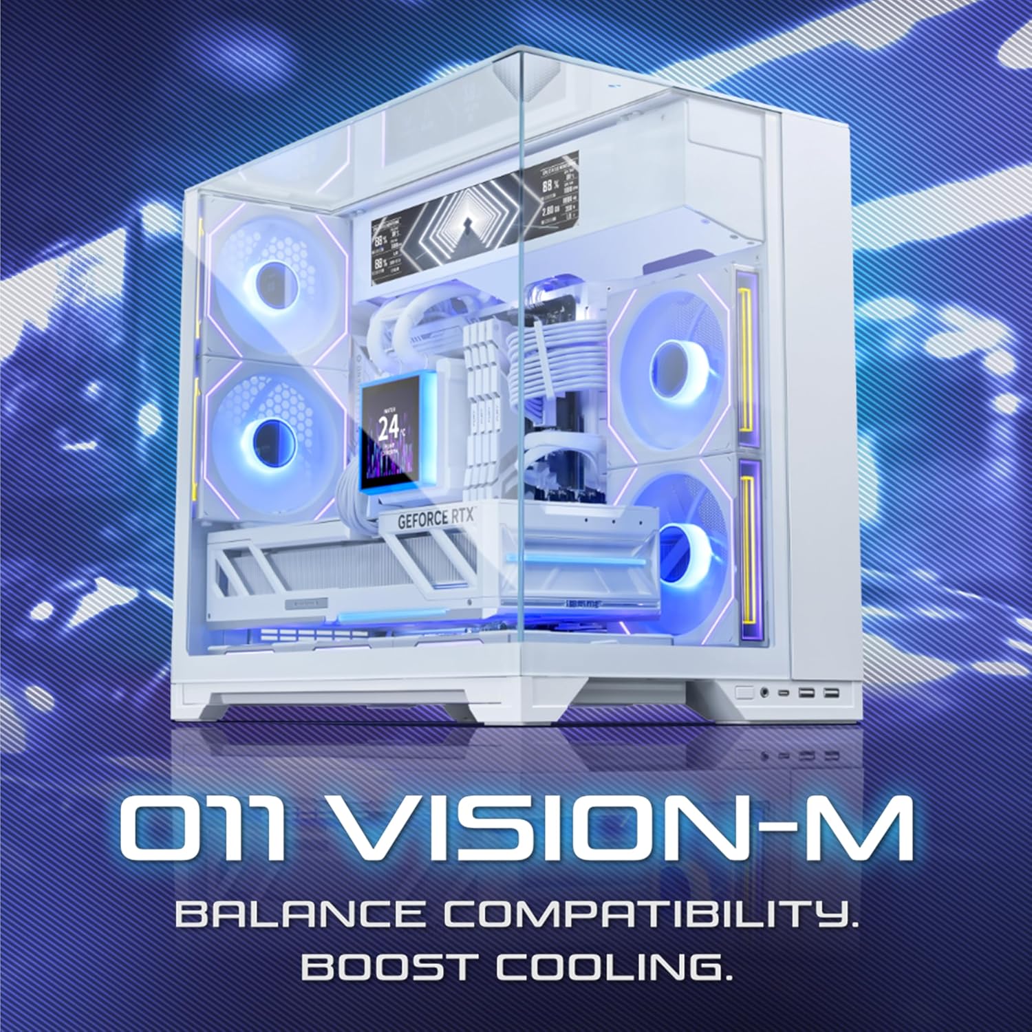 Lian Li O11 Vision-M PC Case White mATX, 140mm Fan, Triple Tempered Glass, Dual-Chamber, Supports 360mm AIO & ATX PSUs White - كيس ابيض