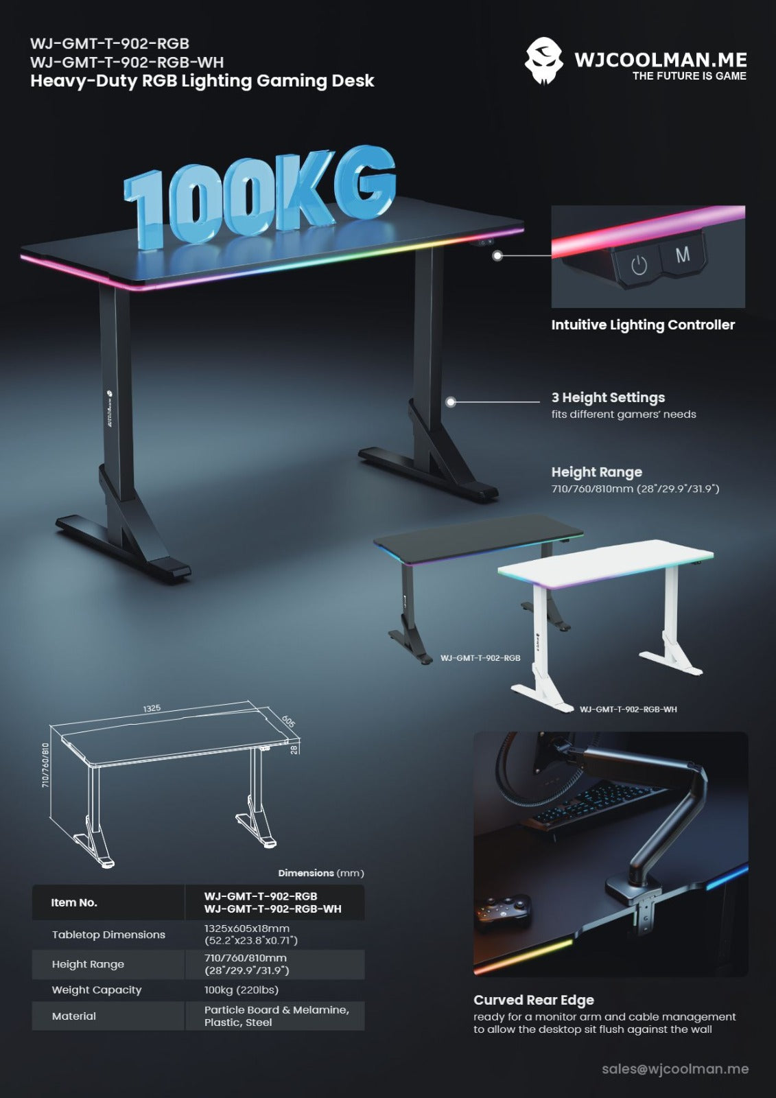 WJ COOLMAN T 902  RGB Gaming Table  ( 140 CM x 60 CM ) BLACK -  طاوله قيمنق سوداء