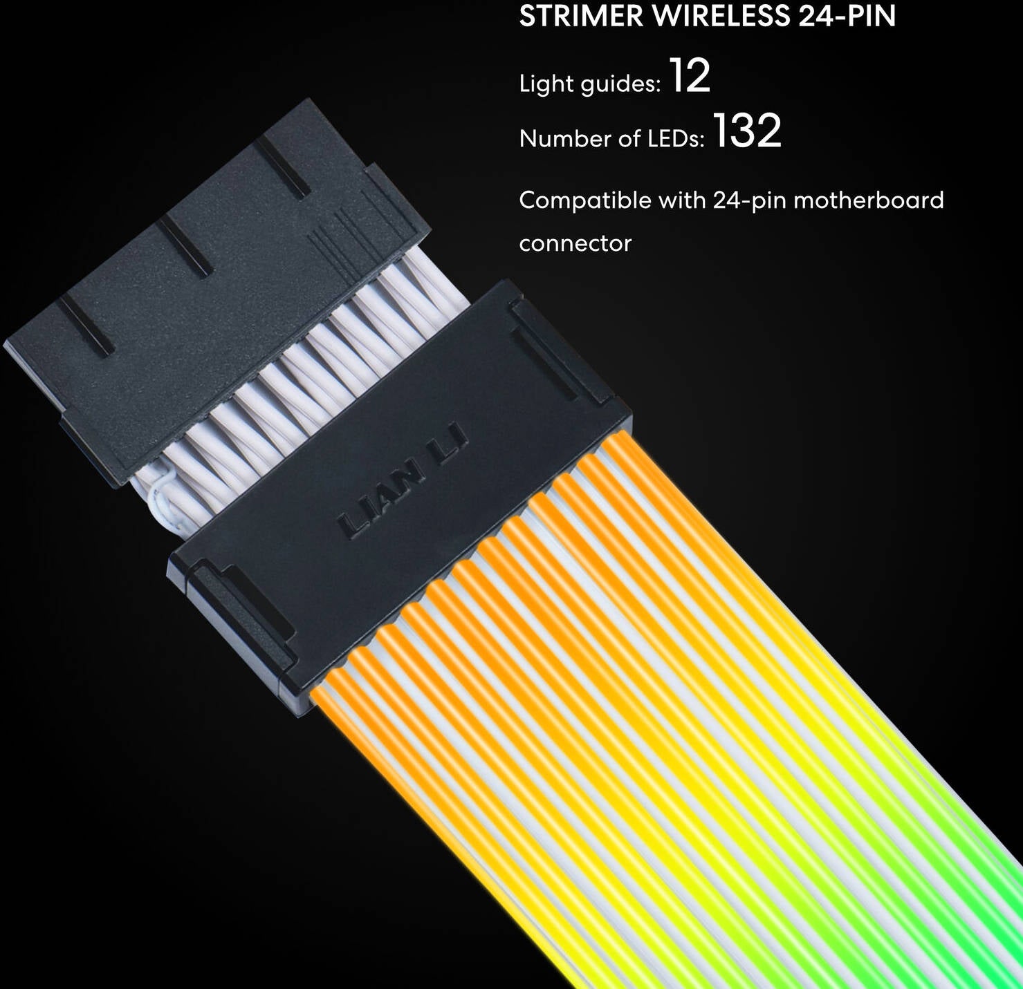Lian Li Strimer Wireless 24-Pin ARGB Motherboard Extension Cable, 260mm Cable Length, 12 Light Guides, 132x ARGB LEDs, Silicone & TPE Material, Wireless Controller NOT Included & Required
