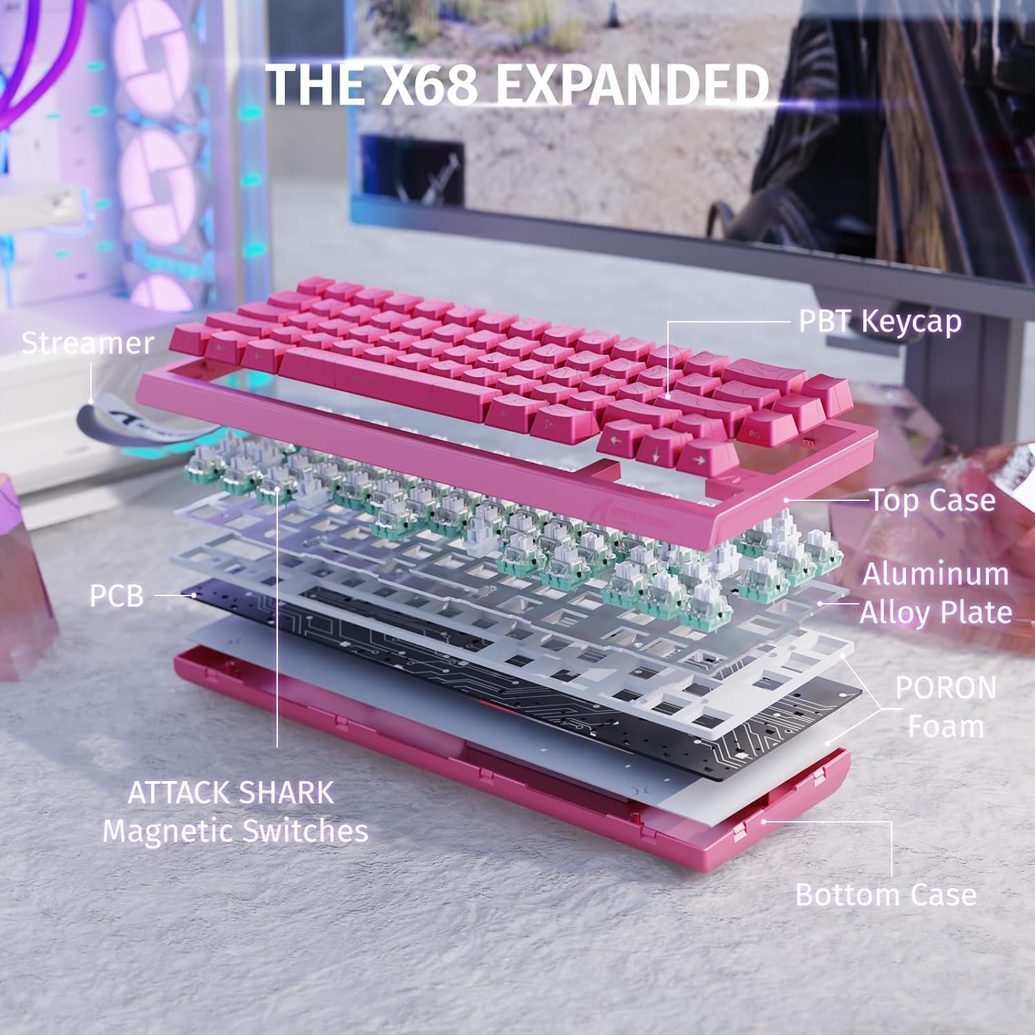 ATTACK SHARK X68 HE Rapid Trigger 60% Keyboard Magnetic Switch, Pink / Rose Red - كيبورد احترافي وايرليس