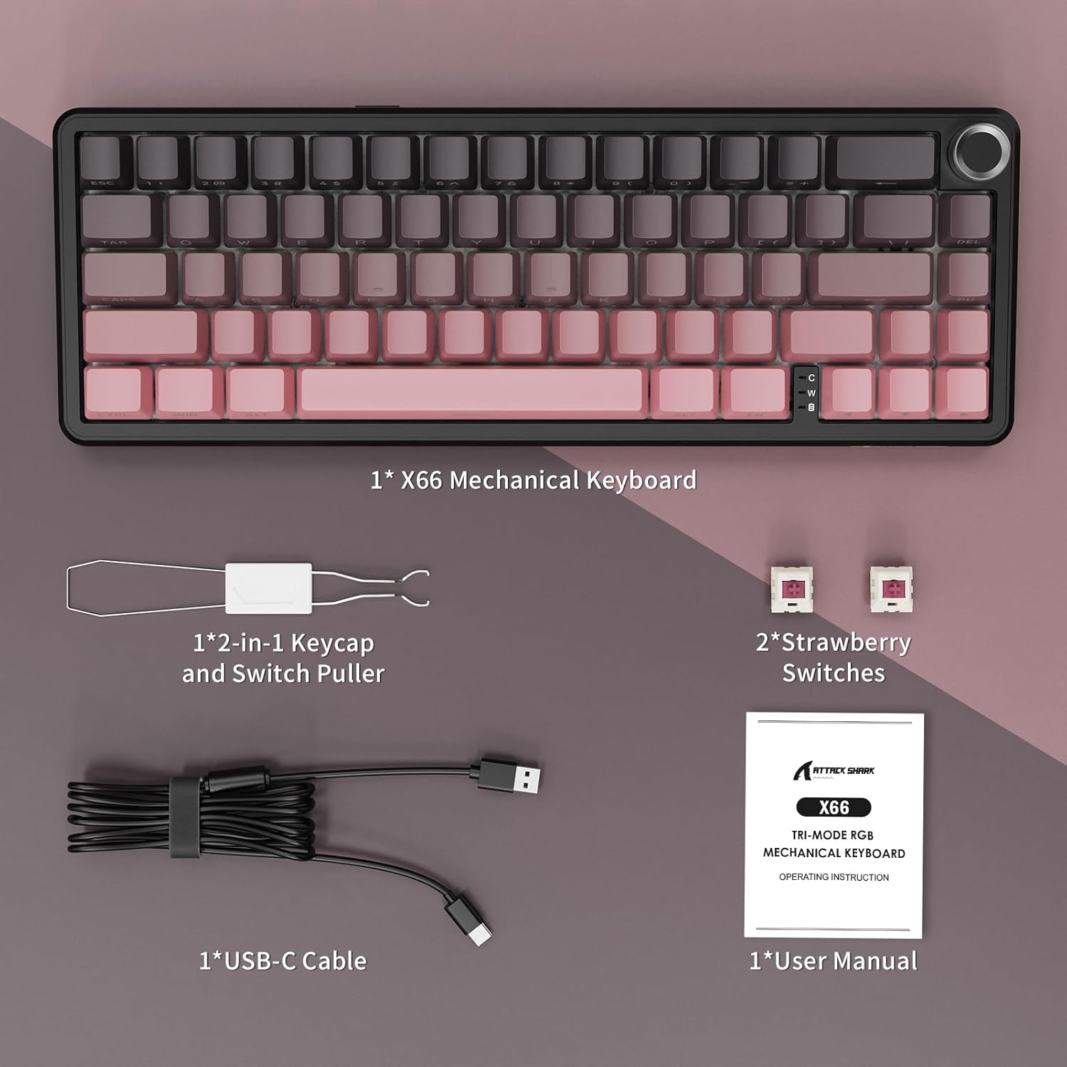 Attack Shark X66 Wireless Mechanical Gaming Keyboard RGB 3 Mode – Pink (Strawberry Switch) - كايبورد قيمينغ وايرلس