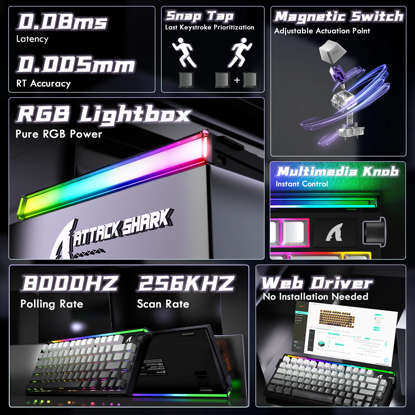 ATTACK SHARK R85 HE Rapid Trigger Keyboard Magnetic Switch with Custom Lightbox Moon Night Black - كيبورد مغناطيسي أسود