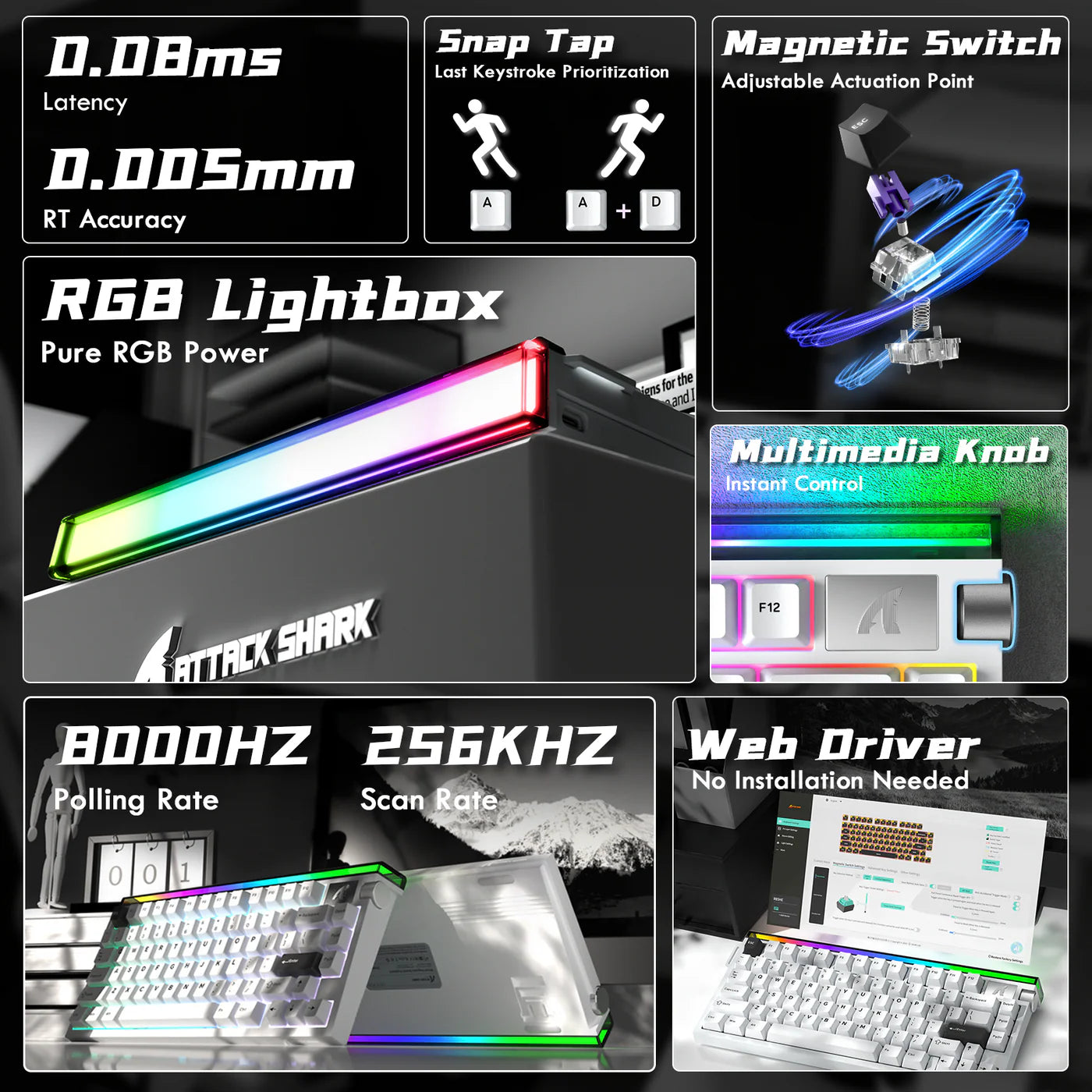 ATTACK SHARK R85 HE Rapid Trigger Keyboard Magnetic Switch with Custom Lightbox Starlight White - كيبورد مغناطيسي أبيض