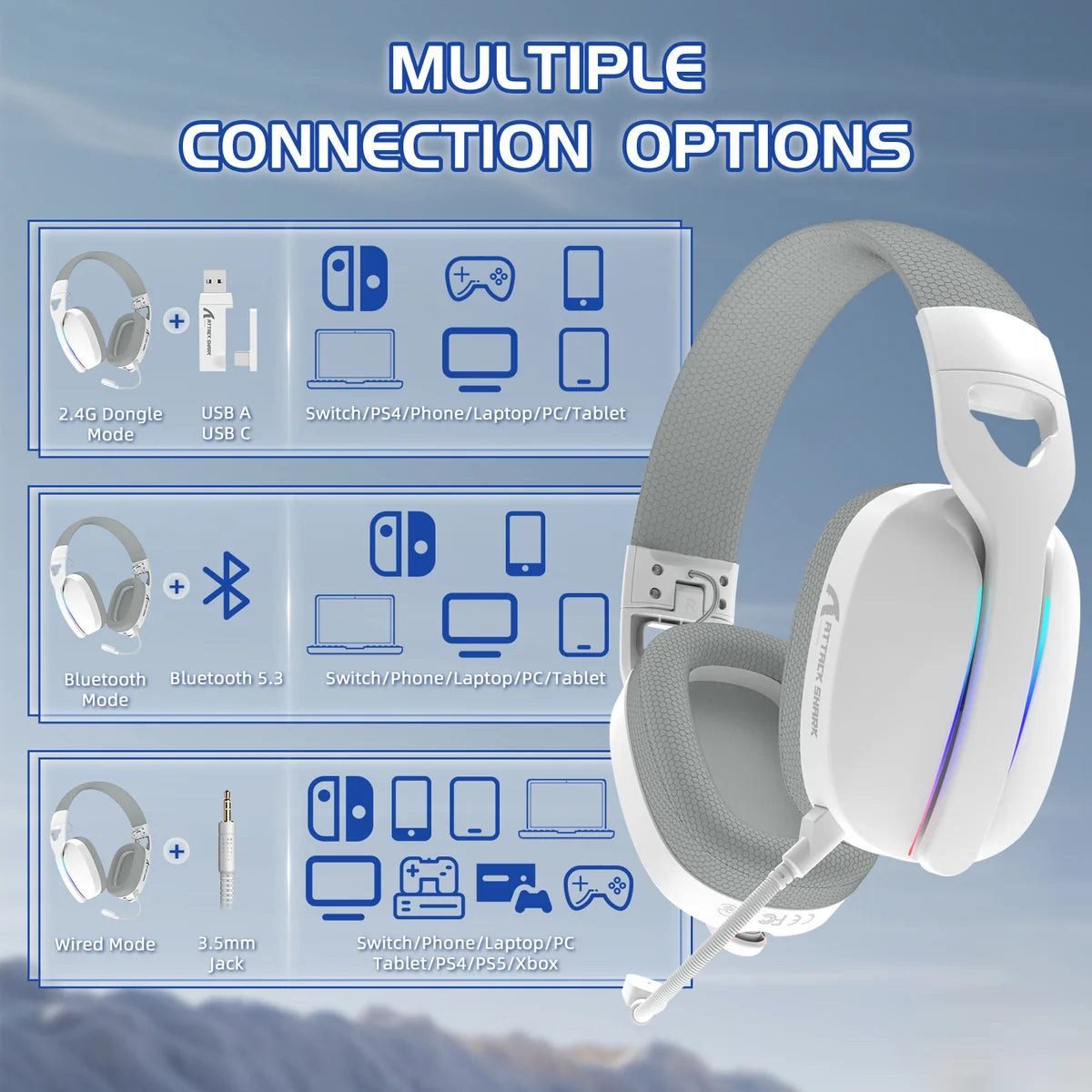 ATTACK SHARK L90 Foldable RGB Ultra-Light Wireless Headset, RGB, Foldable, Triple Mode 2.4Ghz/Bluetooth/Wired Gaming Headphone with mic, 40mm Driver, 7.1 Surround Sound, for Xbox/PS4/PS5/PC Customize via Software - White - سماعة قيمنق وايرليس