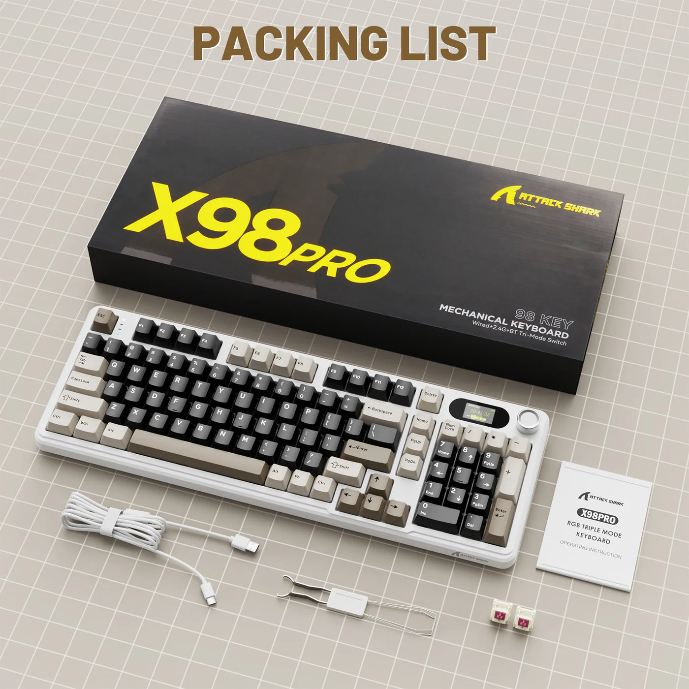 ATTACK SHARK X98PRO Wireless, Tri-Mode Gaming Mechanical Keyboard Cheese White - كيبورد ميكانيكي أبيض