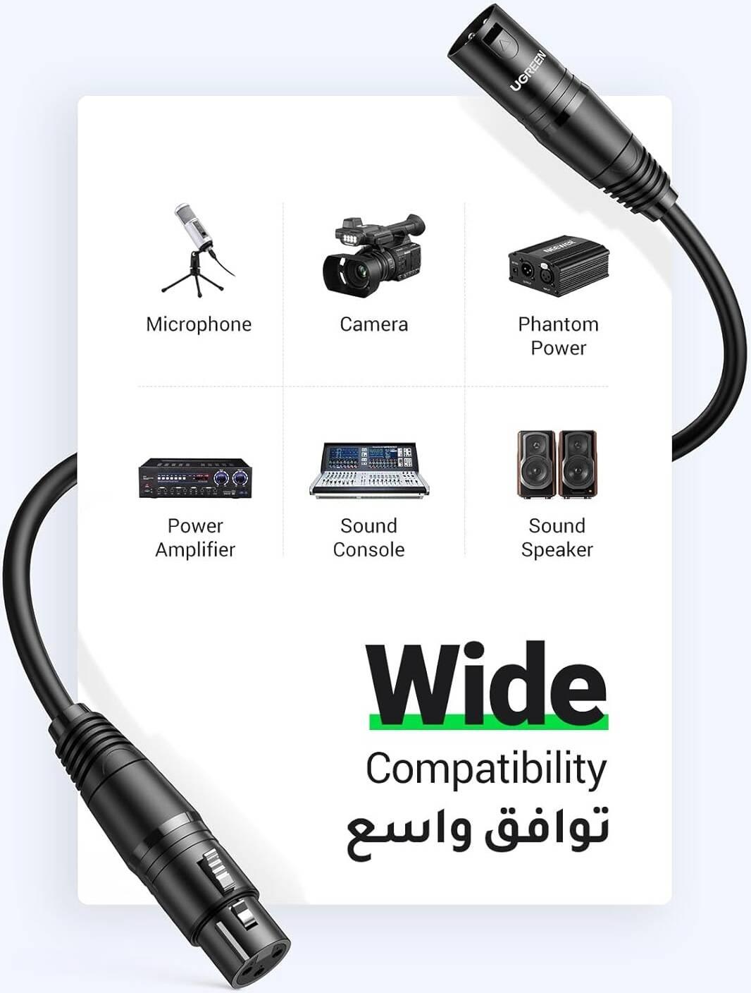 UGREEN AV130 XLR Cable, Microphone XLR Male To Female Extension Cable, 2M Length, Extender Cord For PA System, Studio Recorder, Amplifier, Mixer, Speaker System, Professional Recording - كيبل