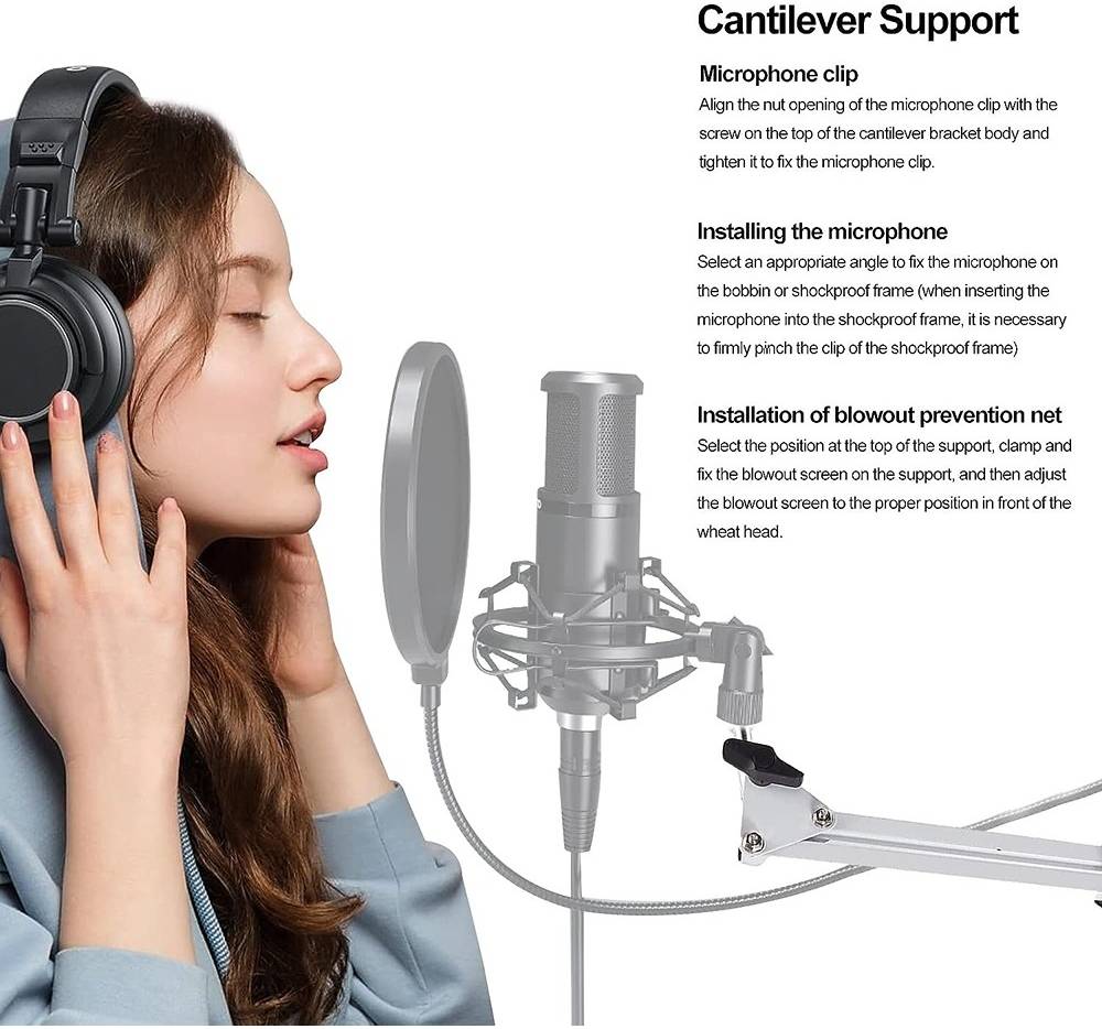 Dayong Microphone Boom Stand, 360° Rotating Microphone Holder, 270° Rotatable Mic Head, Adjustable Suspension Scissor Arm, Cantilever Support, Wide Application, White - ستاند للمايك