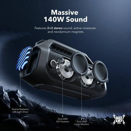 Anker soundcore Boom 2 Plus | IPX7 Waterproof and Floatable | 140W Max Booming Bass | 30W Fast Charging and Built-In Power Bank - سبيكر بلوتوث ممتاز من أنكر