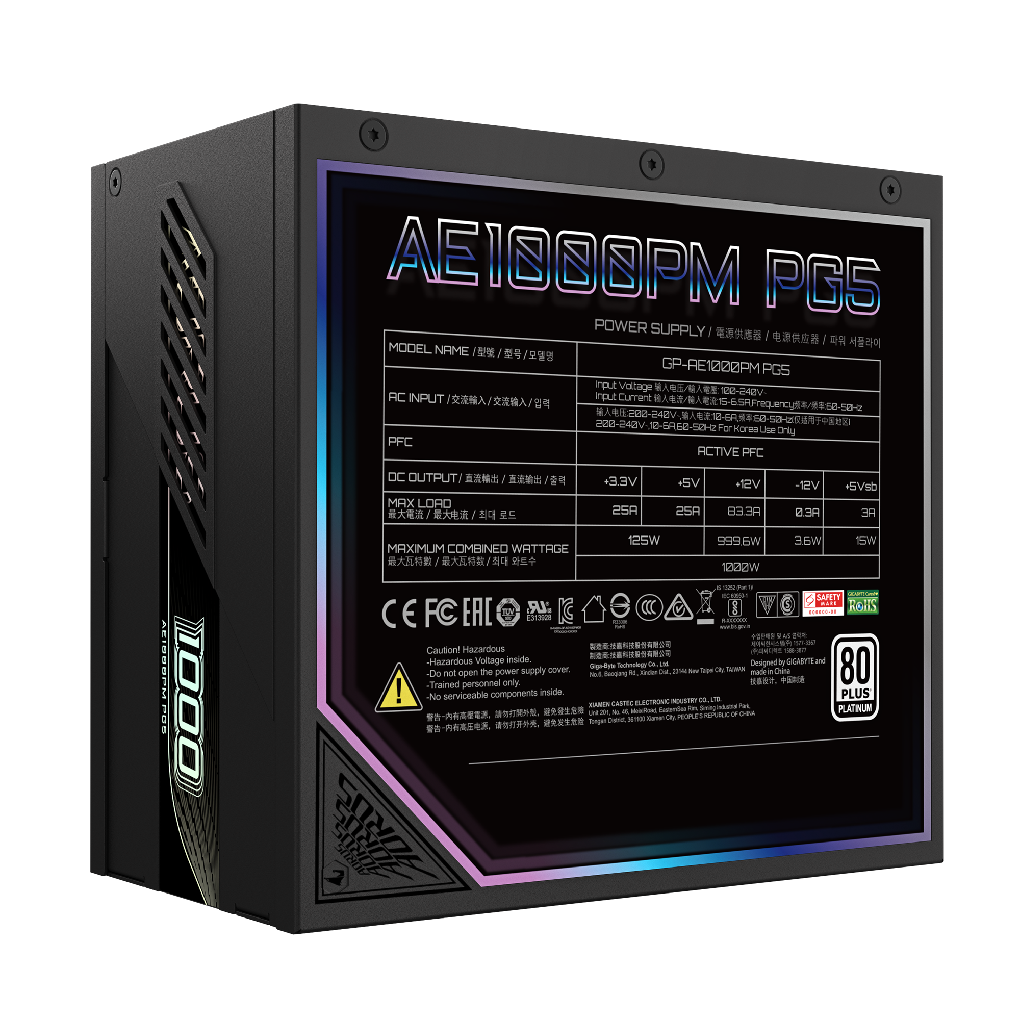 GIGABYTE AORUS ELITE P1000W 80+ Platinum Modular PCIe 5.0 Power Supply, 1000W Power, 80 PLUS Platinum Efficiency, 120mm Fluid Dynamic Bearing Fan, Black - مزود طاقه أسود