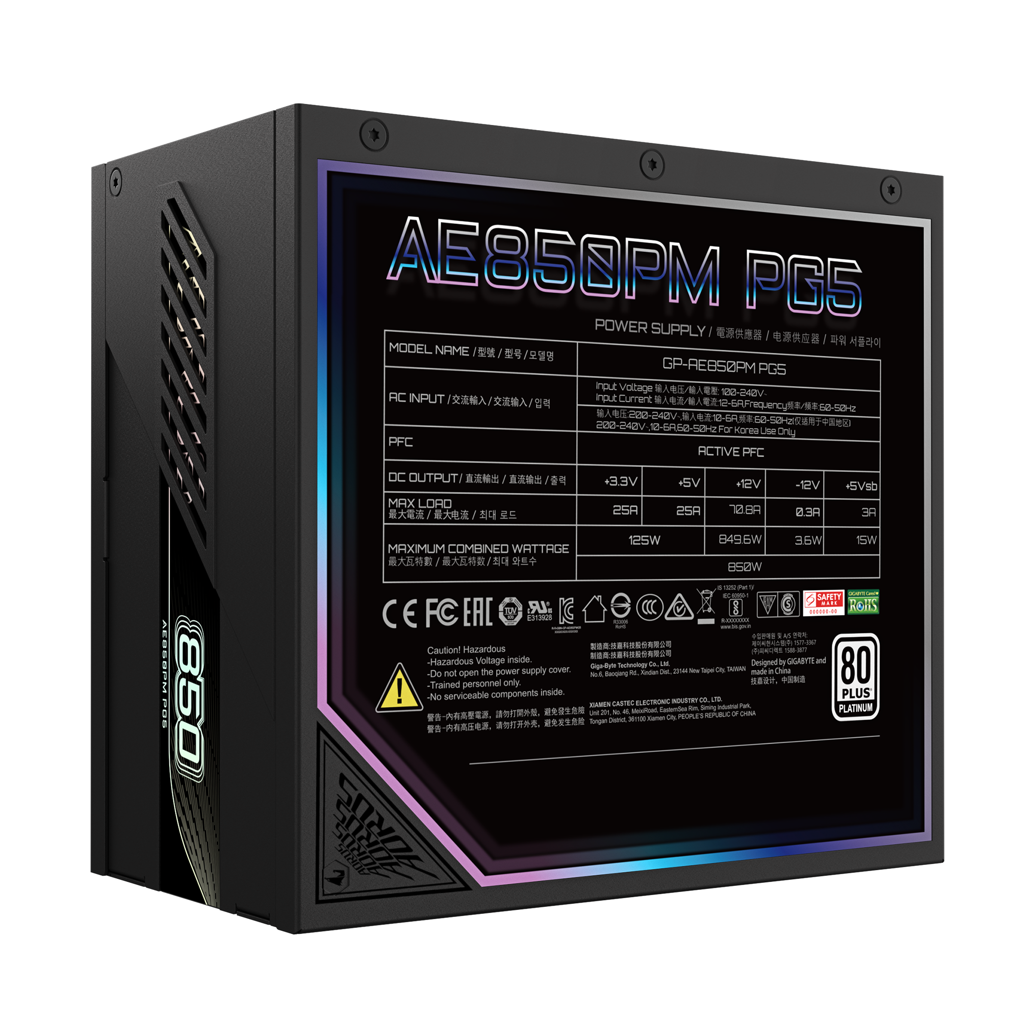 GIGABYTE AORUS ELITE P850W 80+ Platinum Modular PCIe 5.0 Power Supply, Intel Form Factor ATX 12V v3.0, 850W Capacity, 120mm FDB Fan, 60-50 Hz Input Frequency, Black - مزود طاقه أسود